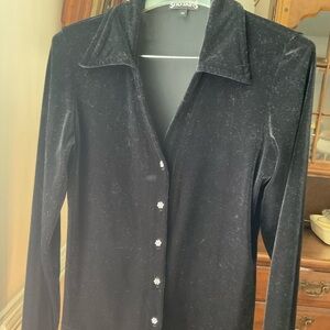 Stylish Black Velvet rhinestone collared v neck Button-Down Shirt